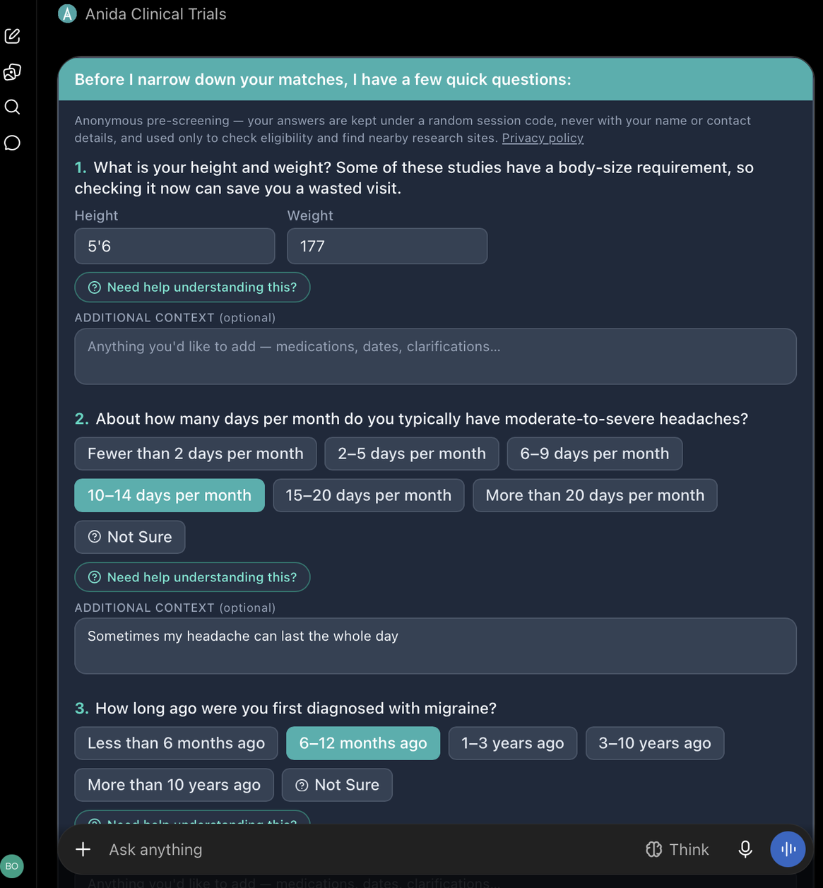 Anida pre-screening question card inside the ChatGPT app, with ChatGPT's sidebar and message box visible.