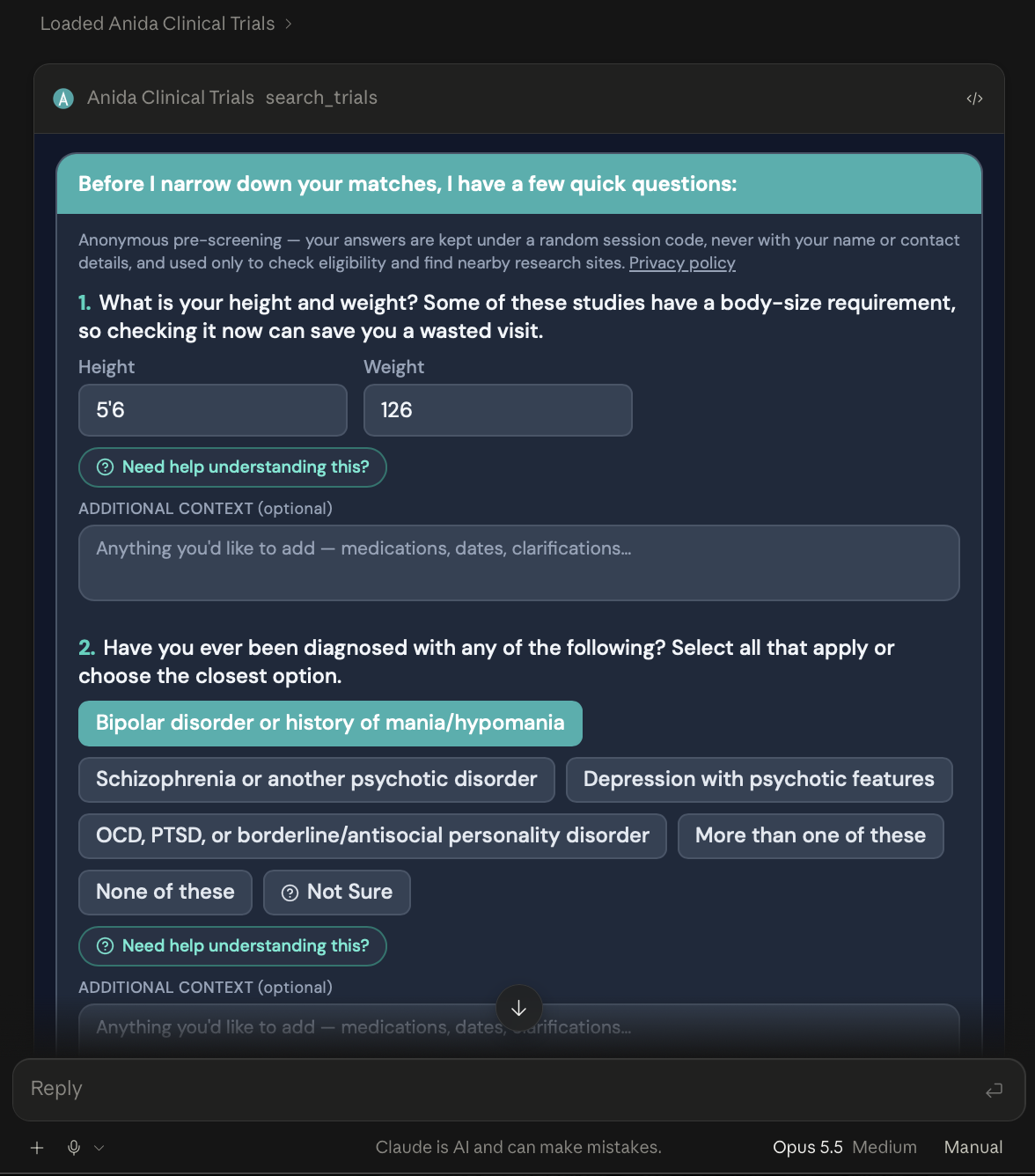 Anida Clinical Trials loaded inside the Claude app: Anida's pre-screening question card above Claude's reply box.